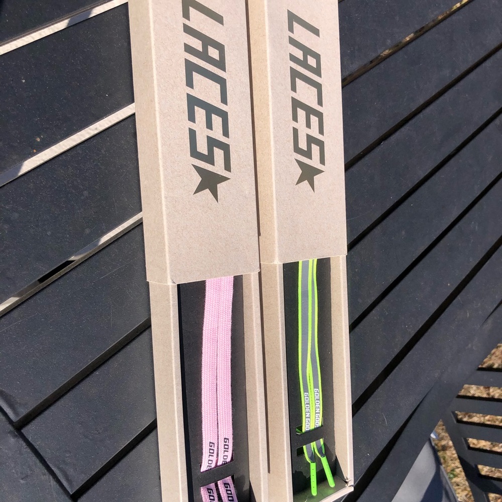 Golden Goose shoe laces pink and neon safety yellow green reflective